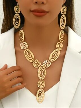 Gold Spiral Statement Necklace and Earrings Set - Women Jewelry